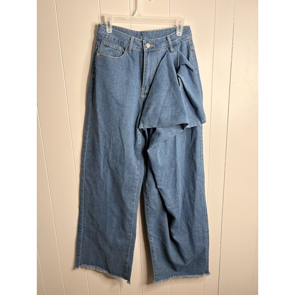 No Brand Denim - High Waist Wide Leg Jeans Women's Autumn Vintage Chic Pants Asymmetrical Design